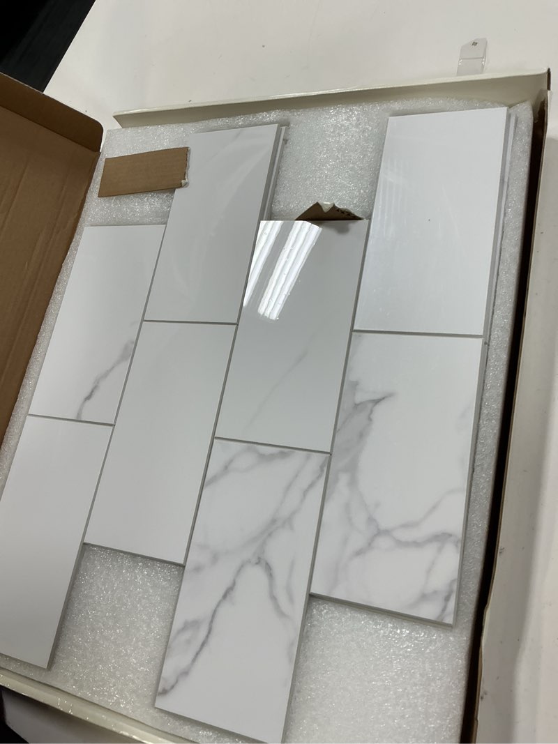 Condition photo showing Good Condition for colamo luxury 10-sheet peel and stick backsplash,self adhesive faux stone 12”x12” white subway tile for kitchen,glossy waterproof carrara brick marble look,stick on accent wall for bathroom,bedroom