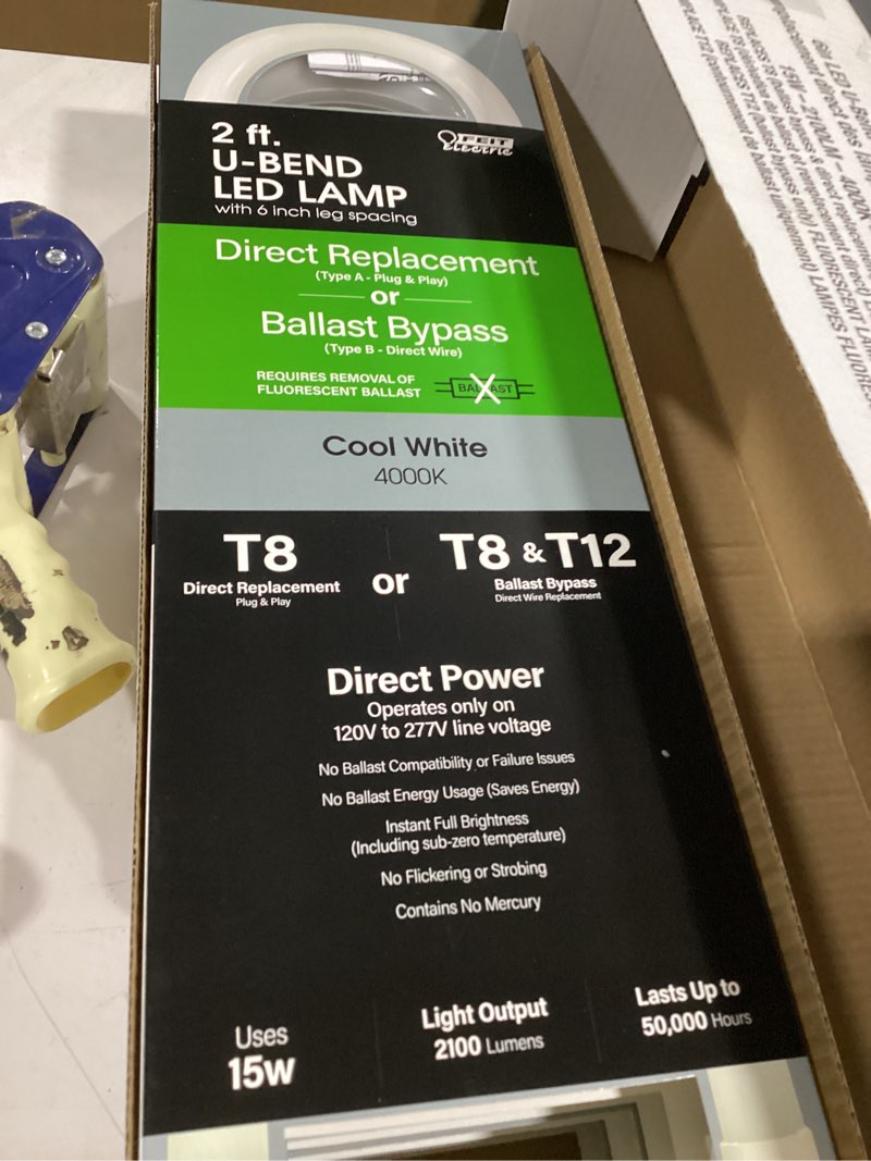Condition photo showing As Is for Feit Electric LED 15W T8/T12 U-Bend Direct Replacement or Ballast Bypass Linear LED Light Bulb, 4000K Cool White, 4-Pack