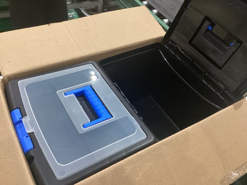 Condition photo showing New/Like New for storex file storage box with xl storage lid, black/blue, 2-pack (61415c02c) black/cobalt 2-pack letter size with xl lid