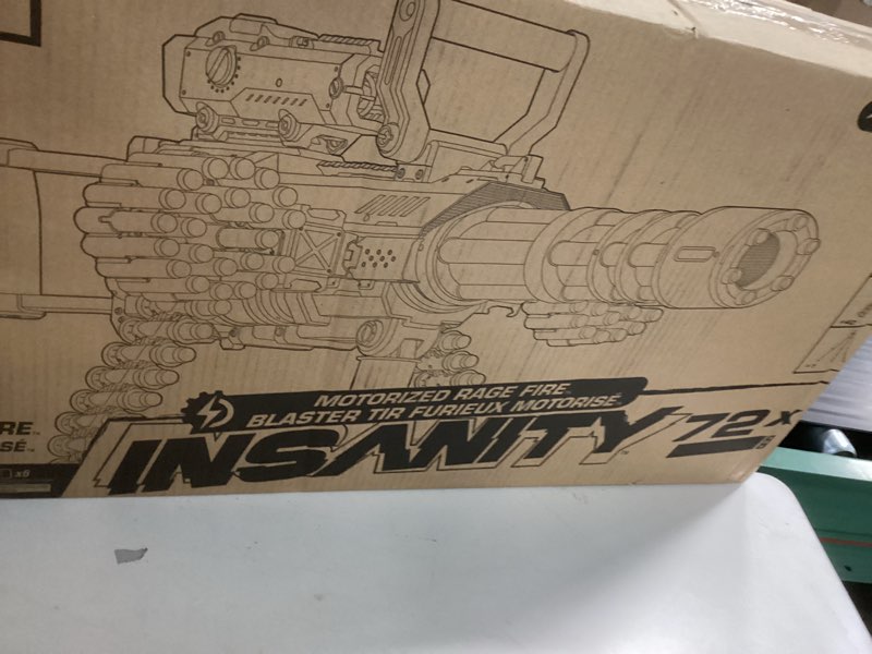 Condition photo showing New/Like New for x-shot insanity motorized rage fire by zuru 72 darts, air pocket technology darts, dart storage, blasting power, auto feeding belt, tripod & scope, outdoor toy for boys, girls, teens, adults