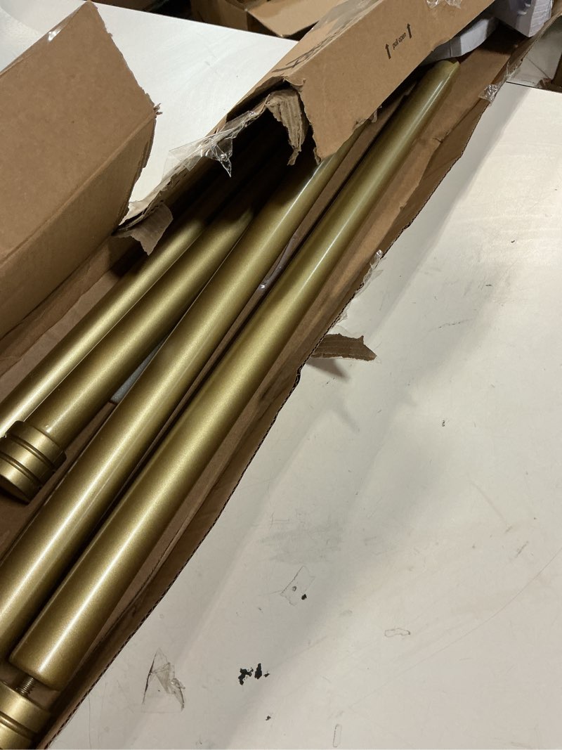 Condition photo showing As Is for Bay Window Curtain Rods, HOTOZON 7/8 Inch Curtain Rods for Bay Windows 48-84 Inch(Center Rod), 32-58 Inch Side Rods for Windows, Heavy Duty Decorative Drapery Rod with End Cap Finials, Antique Gold Antique Gold 48-84" (3 Sides)