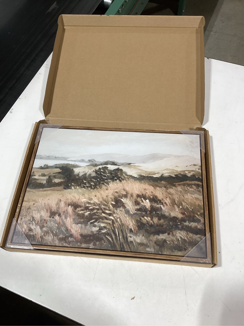Condition photo showing New/Like New for KISSFOX Vintage Landscape Canvas Wall Art Neutral Farmhouse Hills Lake Framed Wall Art Serene Countryside Paintings Artwork Rustic Art Prints For Bedroom Living Room Tall Grass Framed 12x16 in
