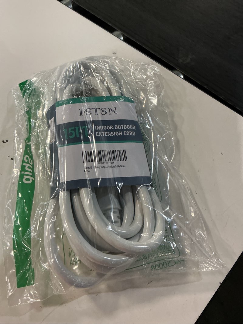 Condition photo showing New/Like New for 15 ft heavy duty extension cord - 12/3 sjtw 15 amp indoor power cord with 3 prong grounded plug for lawn mower, appliances, workshop, christmas lights water resistant flexible cable white. white 15 ft