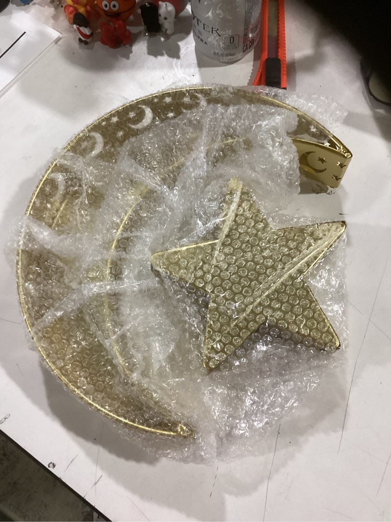 Condition photo showing Good Condition for 2 Pcs Eid Mubarak Moon Star Dinner Plate Tray Ramadan Serving Tray Muslim Islamic Dessert Trays Pastry Tableware Dessert Food Storage Container Display Holder for Party, Gold