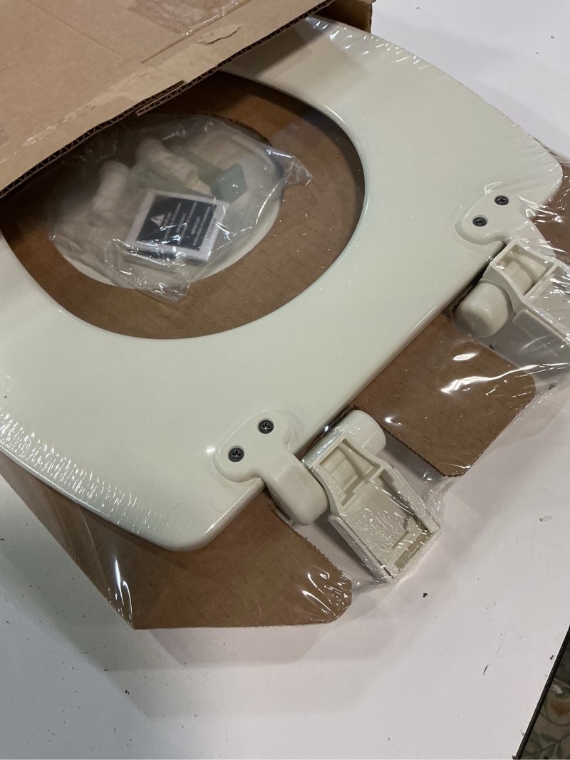 Condition photo showing Good Condition for bemis ashland modern wood toilet seat with decorative edge, slow close, secure hinges, made in usa, elongated, biscuit elongated biscuit