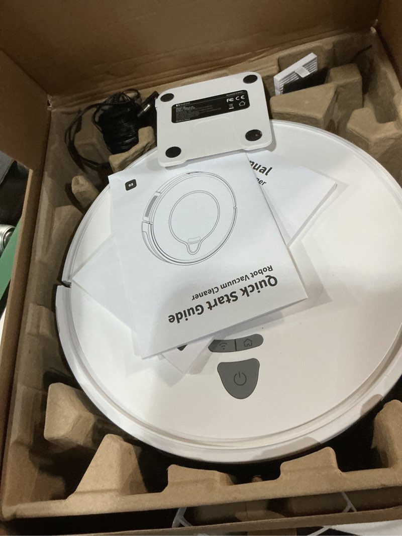 Condition photo showing As Is for robot vacuums,10kpa robotic vacuum cleaner with mapping,lidar navigation&obstacle avoidance,150mins robot vacuum with app/alexa/remote,tangle-free pet hair,self-charging for hard floor/carpet white