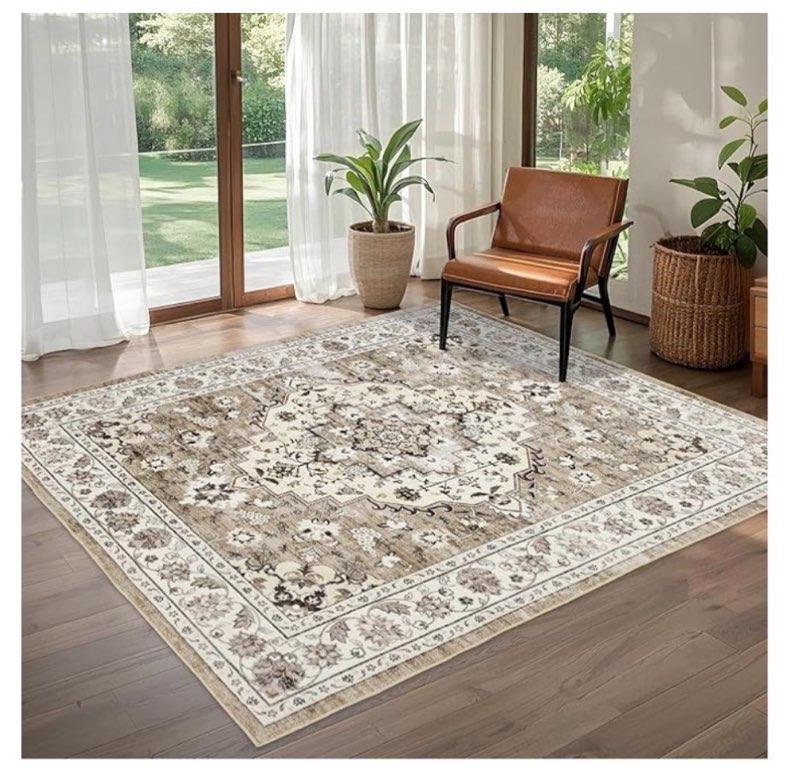 (similar to stock photo) area rug for living room - vintage indoor machine washable rug for bedroom dinning room floor - soft low-pile carpet non-slip backing floral rugs for office (ivory/beige, 6' × 9')