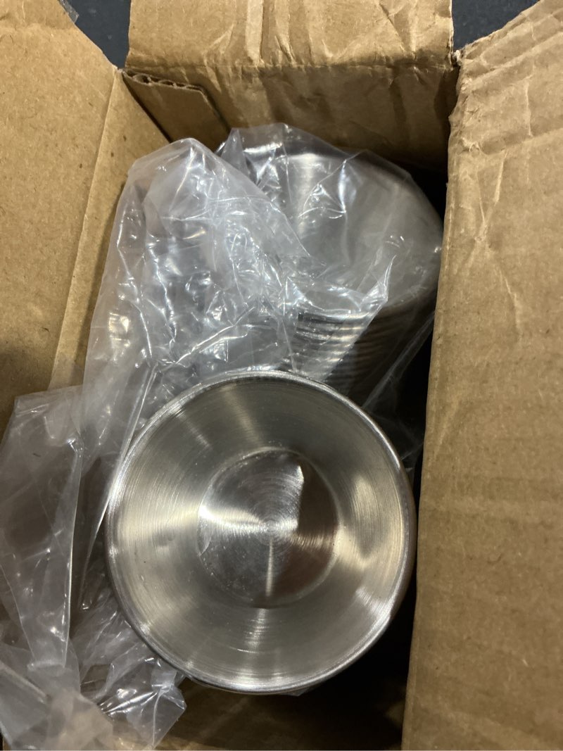 Condition photo showing Good Condition for 30 Pcs Stainless Steel Dipping Sauce Cups Metal Sauce Cups 2.5oz Ramekins, Reusable Round Restaurant Small Bowls for Dish Butter Kitchen Restaurant Serving Party