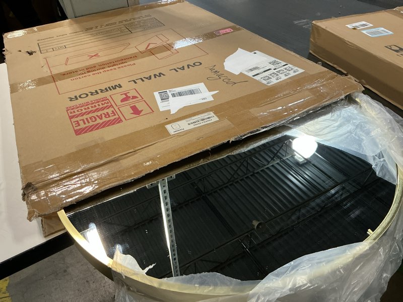 Condition photo showing Good Condition for FARMER Gold Oval Mirror, 22x30 Inch Oval Bathroom Mirror, Metal Frame Wall Mirror, Gold Mirror, Wall Mounted Bathroom Vanity Mirror for Bedroom, Living Room, Entryway, Vertical or Horizontal 30"L x 22"W Gold