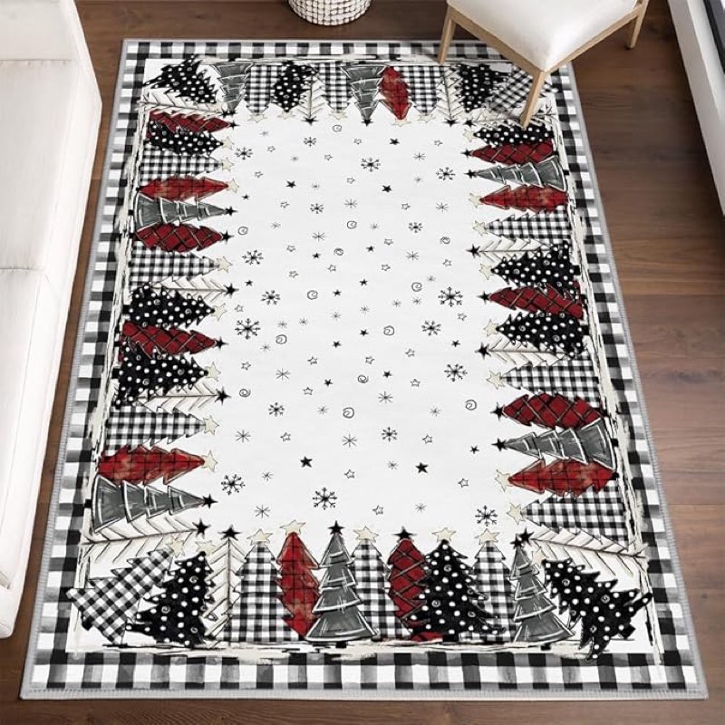Artoid Mode Watercolor Buffalo Plaid Xmas Tree Merry Christmas Area Rug, Winter Home Decor Low-Profile Washable Area Rugs for Entryway Bedroom Bathroom Laundry Room Office Indoor 4x6 Feet