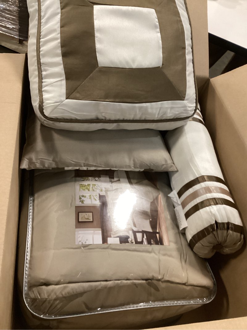 Condition photo showing Good Condition for Madison Park Cozy Comforter Set-Deluxe Hotel Collection, All Season Down Alternative Luxury Bedding with Matching Shams, Decorative Pillows, Queen(90"x90"), Genevieve, Taupe/Brown 7 Piece Queen(90"x90") Taupe/Brown