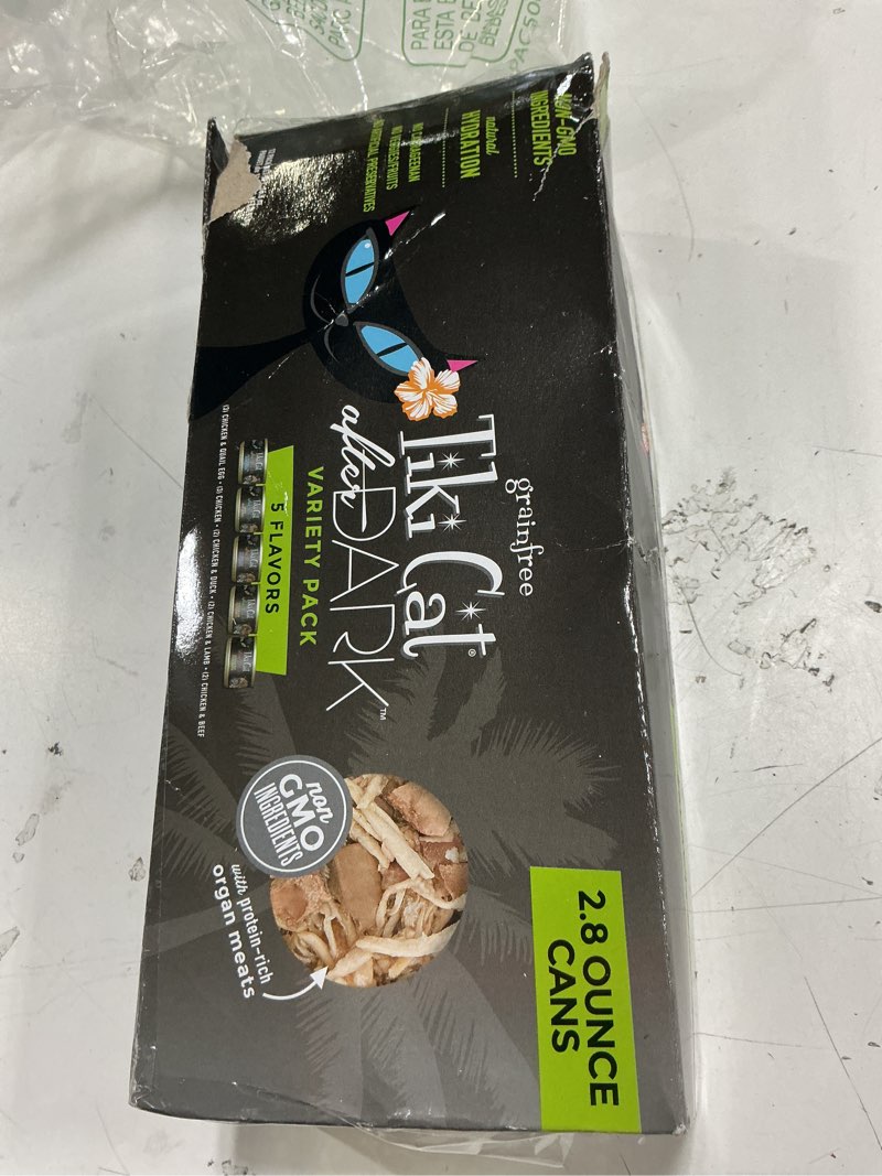 Condition photo showing New/Like New for Best by:JUL /2028) Tiki Cat After Dark, Variety Pack, High-Protein and 100% Non-GMO Ingredients, Wet Cat Food for Adult Cats, 2.8 oz. Cans (Pack of 12) 2.8 Ounce (Pack of 12)