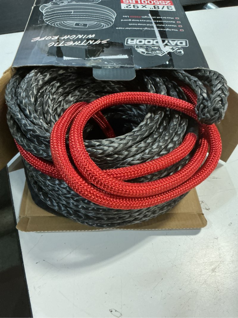 Condition photo showing Good Condition for daydoor synthetic winch rope, 3/8 inch x 92ft 25,500 lbs synthetic winch line, synthetic winch cable for offroad vehicle 4wd suv jeep, synthetic rope with forged winch hook(gray) 3/8 inch x 92ft gray