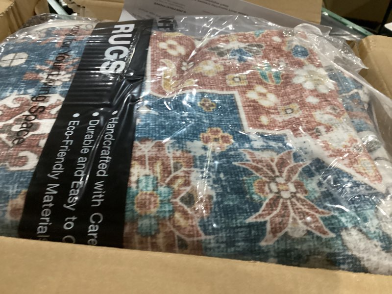Condition photo showing As Is for 5x7 Area Rugs Living Room: Washable Boho Large Neutral Vintage Soft Rug Stain Resistant Distressed Farmhouse Non-Slip Indoor Floor Carpet for Bedroom Nursery Kids Office Dining Room- Beige Blue Beige Blue 5' x 7' (Rectangular)