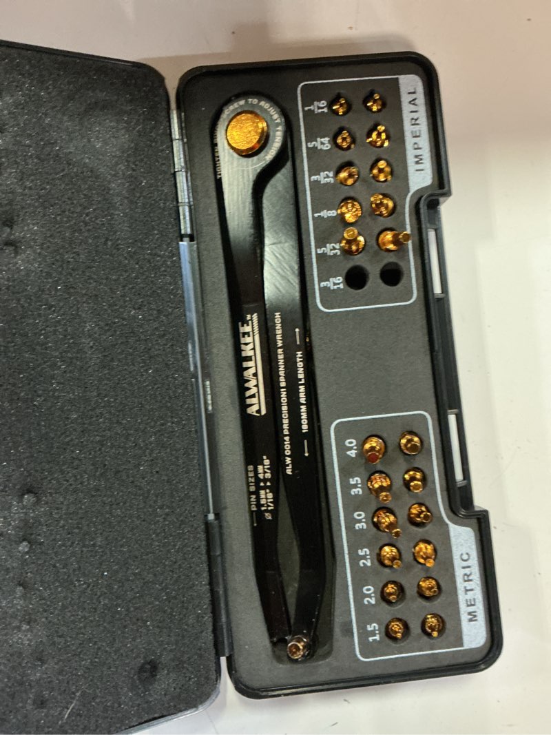 Condition photo showing Good Condition for 25-piece pin wrench set with case, precision spanner wrench - adjustable hook spanner for bearings, pulleys & obscure fasteners - metric & imperial steel pins, 160mm arms, 180° rotation