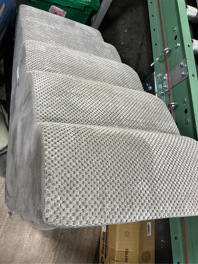 Condition photo showing As Is for dog stairs for bed, 5-step dog steps for couch and high bed, non-slip pet stairs, 24" high sofa foam ramp - best for small pets, older cats with joint pain 5 step grey