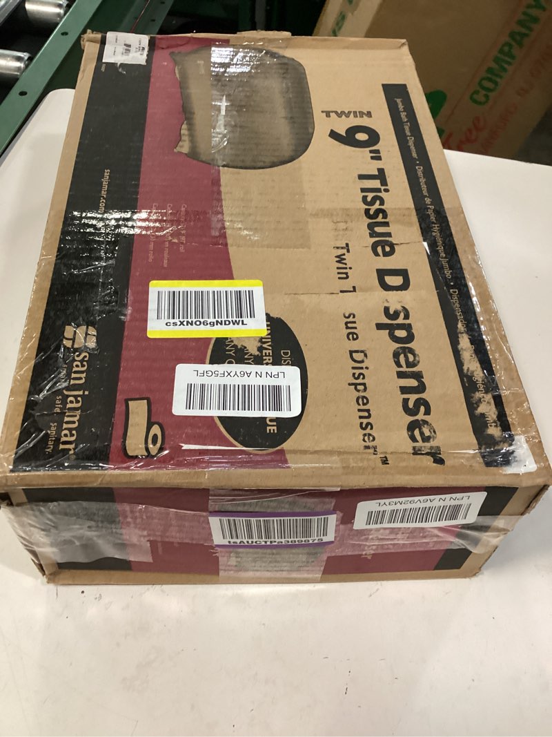 Condition photo showing New/Like New for san jamar - sjmr4000tbk r4000tbk twin 9" jumbo tissue dispenser, black pearl, 12" x 19" x 5.3" traditional
