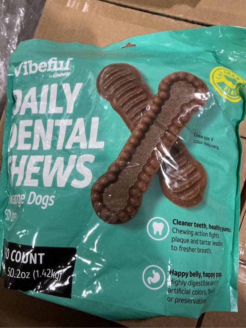 Condition photo showing New/Like New for (BBD 03/07/26). Vibeful Large Daily Dental Chews for Dogs 50 lbs Chicken Flavor, 30 count