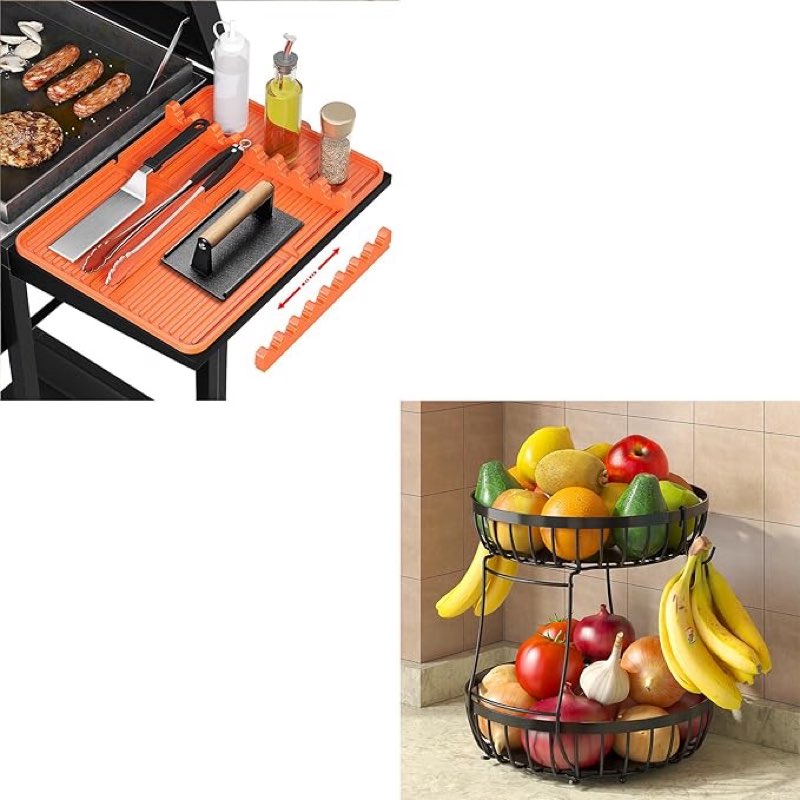 2 Tier Fruit Basket for Kitchen Counter with 2 Banana Hangers, Silicone Grill Mat Compatible with Blackstone