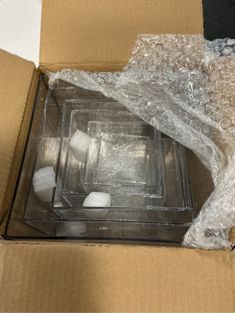 Condition photo showing Good Condition for 6 pcs clear acrylic boxes for display as buffet risers and stands, food risers for party, table, stands, including 8", 7", 6", 5", 4", 3" (small, 6pcs, clear)