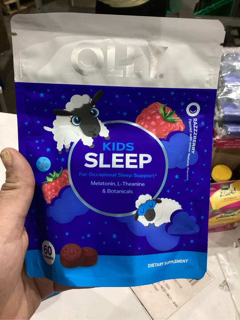 Condition photo showing New/Like New for OLLY Kids Sleep Gummy, 0.5mg Melatonin, L Theanine, Chamomile, and Lemon Balm, Childrens Chewable Supplement, Occasional Sleep Support, Raspberry - 60 Count Pouch 60 Count (Pack of 1)
