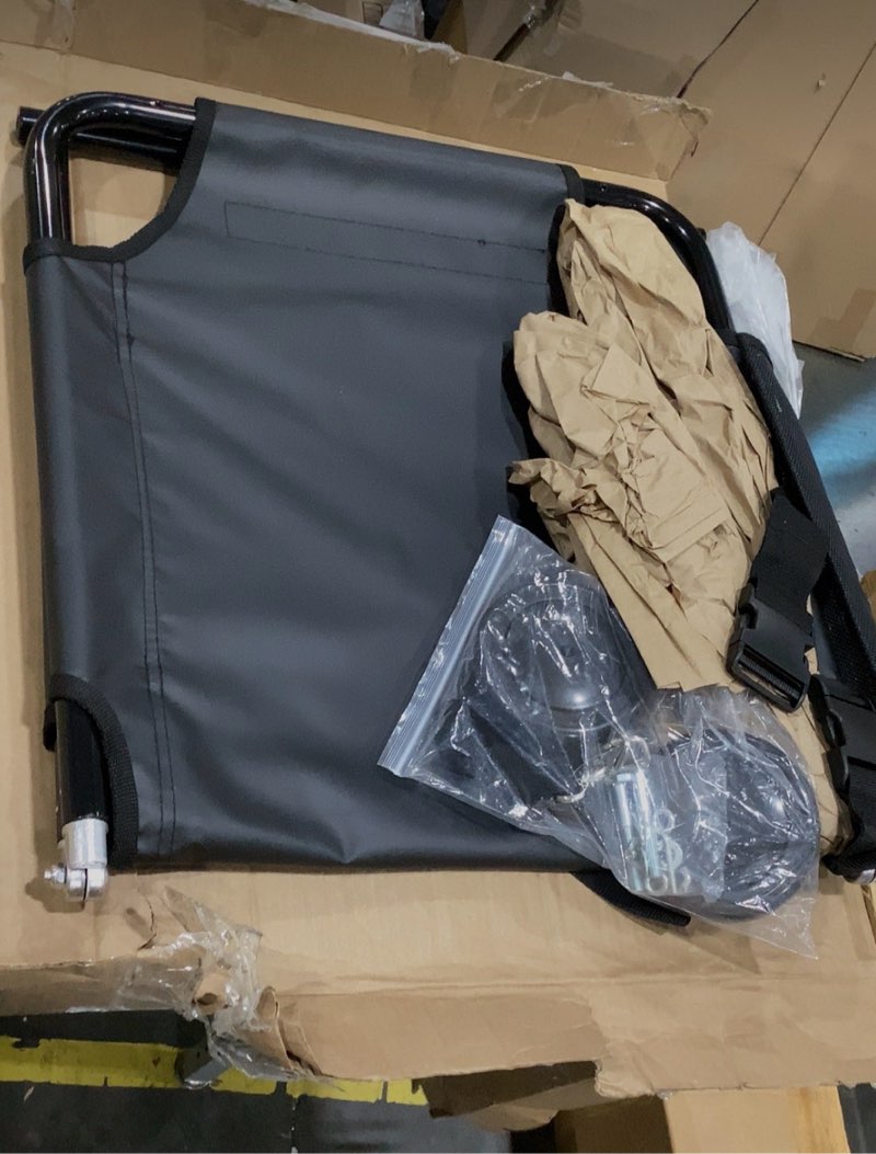 Condition photo showing As Is for this foldable gray pet transport trolley features noiseless wheels and a sturdy black frame.