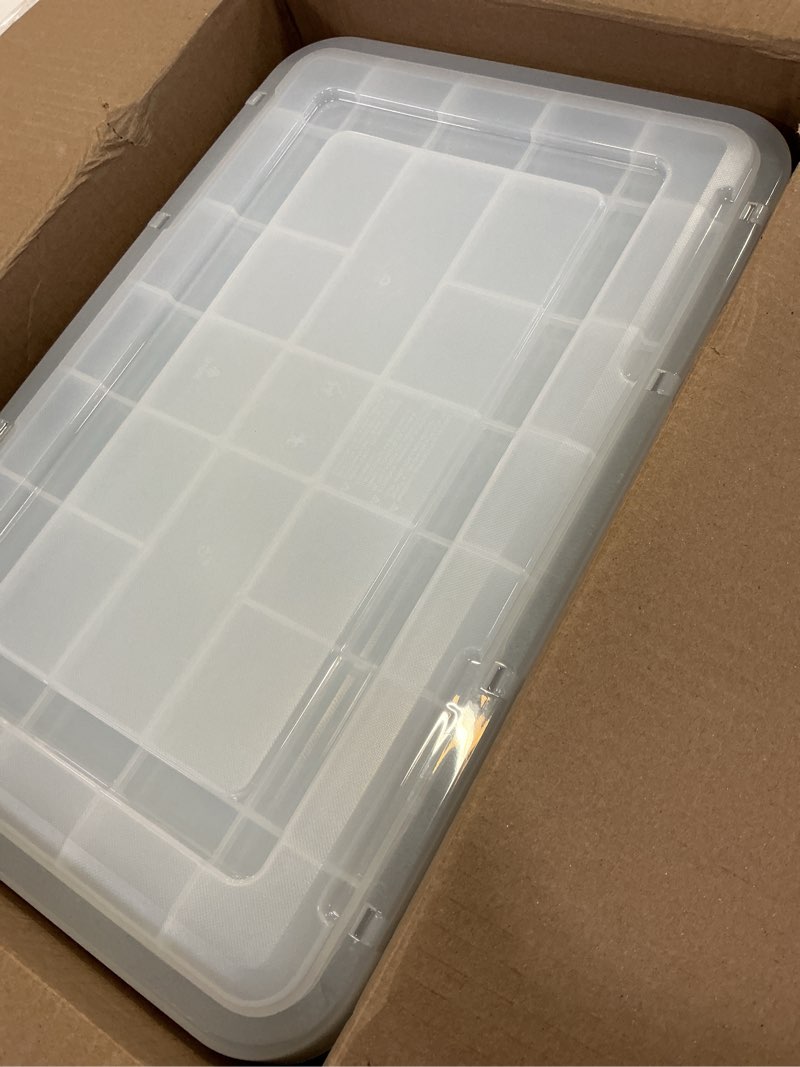 Condition photo showing Good Condition for iris usa weatherpro 19 qt storage bins with lids, 6 pack, bpa-free plastic gasket box with tight latch and seal, stackable nestable tote tub - clear/black 19 qt. - 6 pack
