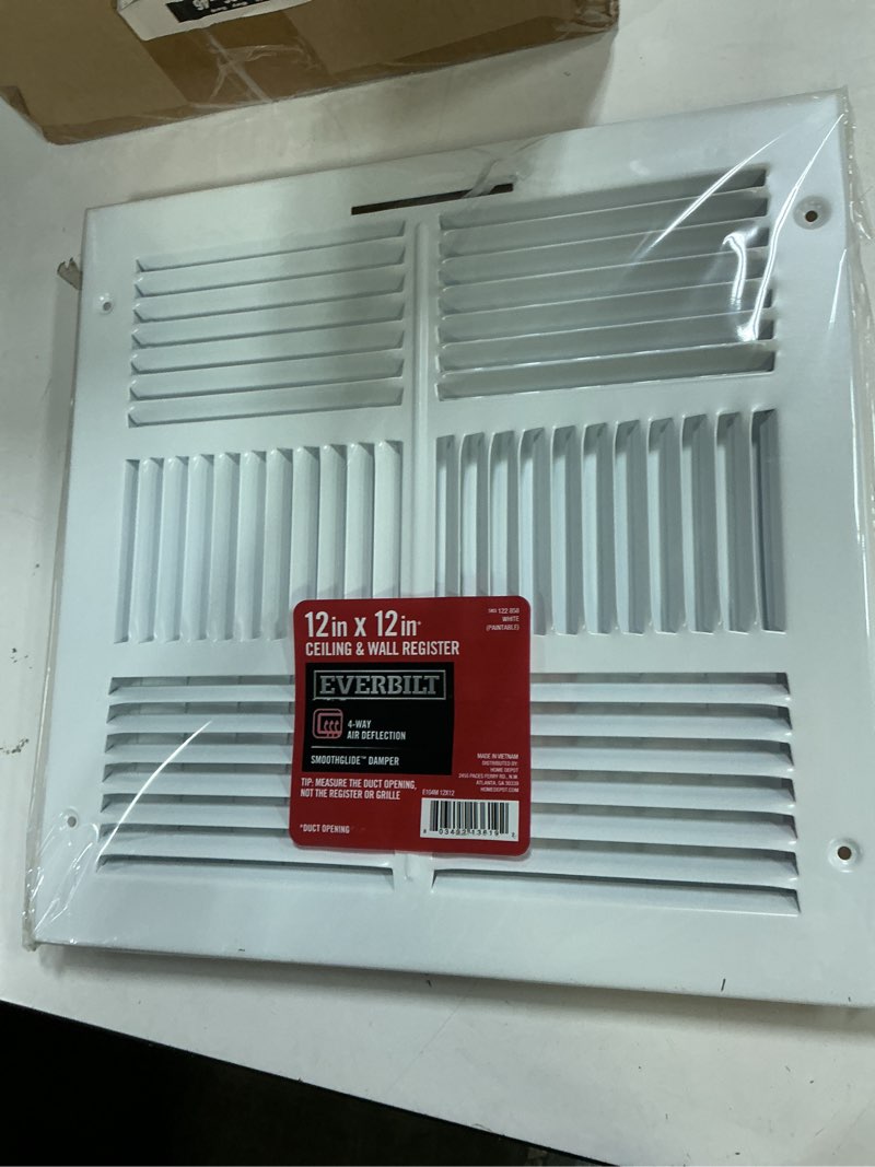 Condition photo showing New/Like New for 12 in. x 12 in. 4-way steel wall/ceiling register in white