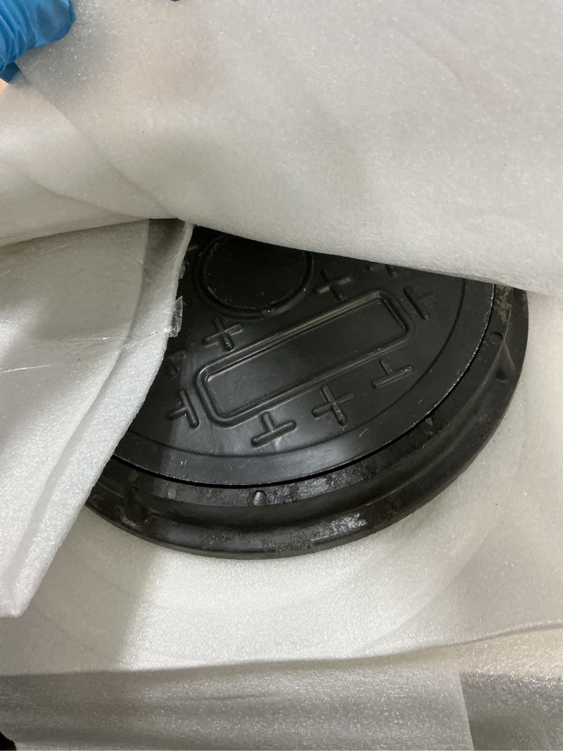 Condition photo showing As Is for zonon 24 x 1.57 inch round manhole cover and frame, steel bar reinforced non-slip replacement top cover texture for septic tank lid, sewer basin & yard access, includes lifting hook about 24 x 1.57 inch