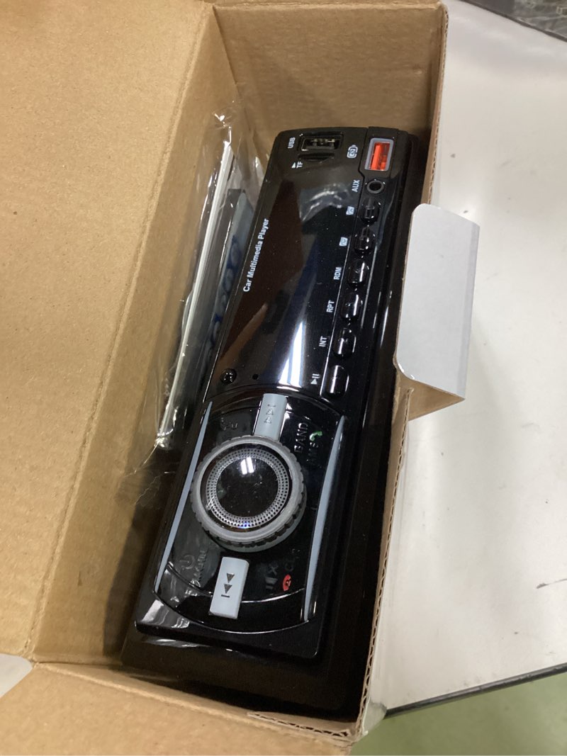 Condition photo showing item condition for marine radio single din bluetooth car stereo, boat stereo receiver marine head unit with ios/android,built-in mic, digital lcd, rca, mp3, fm, eq, aux-in, usb, tf card & app remote black