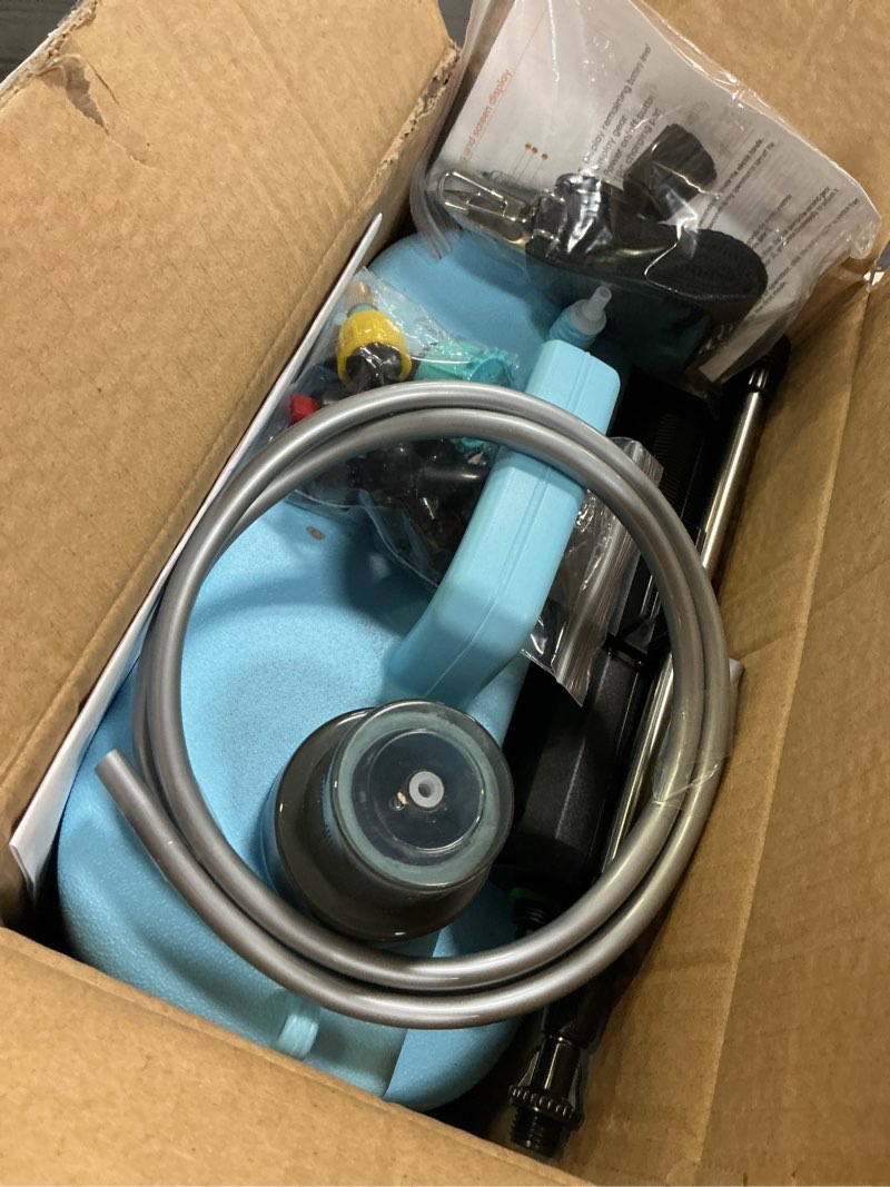 Condition photo showing Good Condition for battery powered sprayer 2 gallon, 7.4v powerful electric garden sprayer, rechargeable weed yard lawn sprayers with 4 mist nozzles, retractable wand, adjustable shoulder strap blue