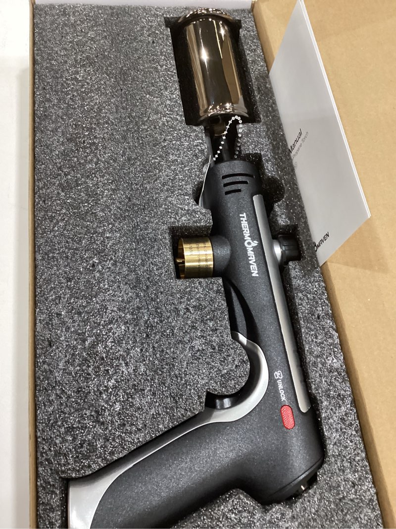 Condition photo showing Good Condition for ThermoMaven Propane Torch with One-Touch Max Fire, Cooking Blow Torch Gun with a Safety Lock, Charcoal Lighter, Flame Thrower, Kitchen Food Torch Head for Grill, Sous Vide, BBQ (Tank Not Included) Silver