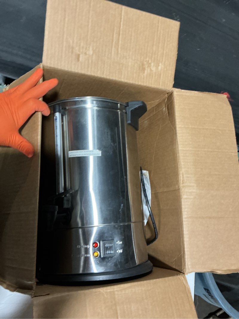 Condition photo showing As Is for sybo sr-cp-100b commercial grade stainless steel percolate coffee maker hot water urn for catering, 100-cup 16 l, metallic 16l metallic