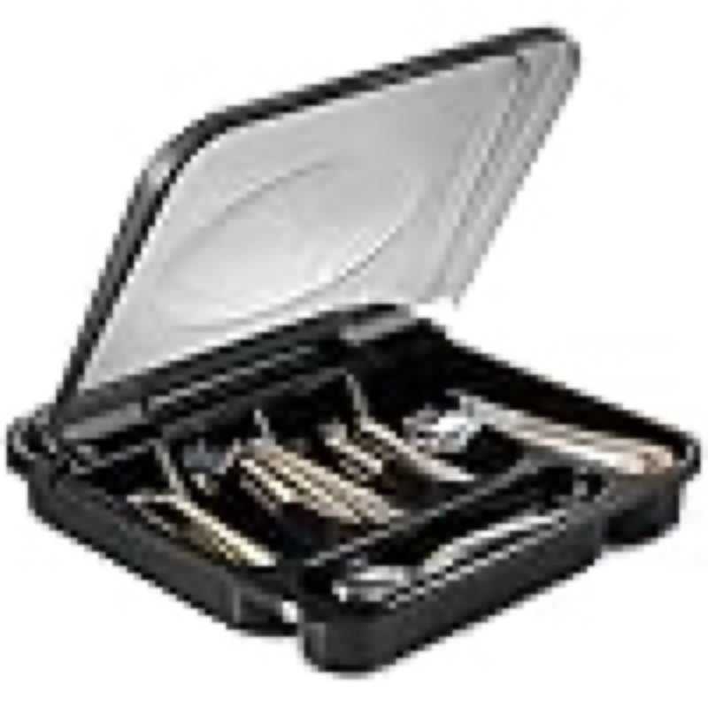 RED Flatware Plastic Tray with Hinged Lid, Kitchen Cutlery and Utensil Holder Organizer, 5 Compartment Silverware Storage Bin with Attached Cover Top