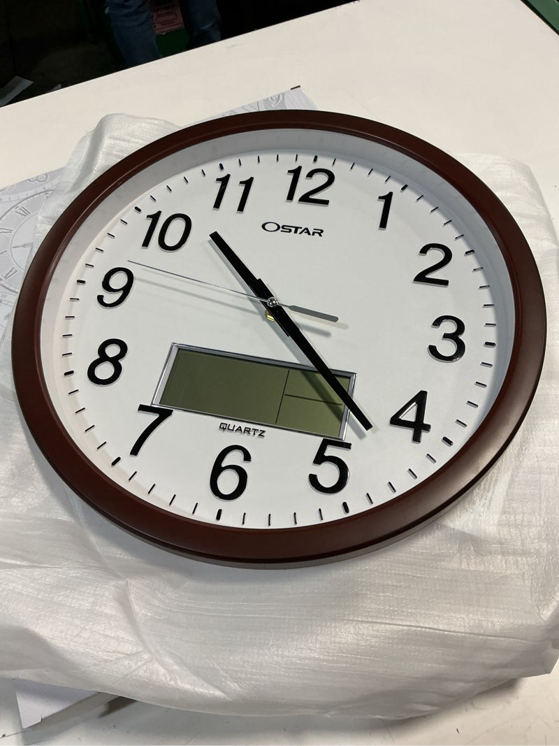 Condition photo showing New/Like New for OSTAR 14" Large Analog Digital Display Wall Clock Silent Non-Ticking, Day of The Week Temperature Battery Operated Clock for Living Room Bedroom Kitchen Brown-digital 14Inch