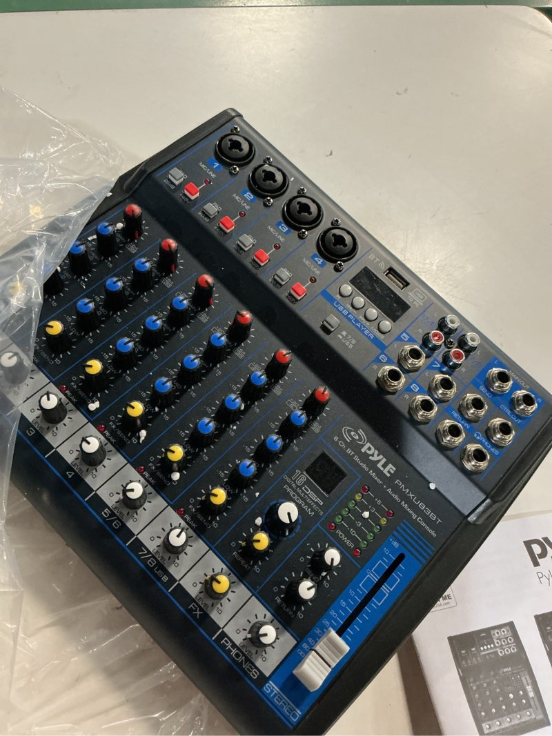 Condition photo showing Good Condition for pyle 8 channel bluetooth studio mixer - usb computer recording, built-in mp3 player, 48v phantom power, 16-bit dsp fx, 3-band eq, xlr combo inputs, dj sound board - pmxu83bt.5