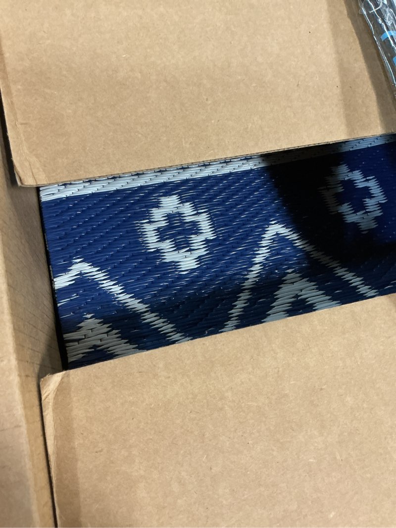 Condition photo showing Good Condition for boho 8x10 waterproof outdoor rug, reversible plastic straw mat, tribal geometric washable rv camping carpet, foldable uv resistant deck rug for picnic backyard balcony porch patio, blue navy blue/white 8' x 10' (rectangular)
