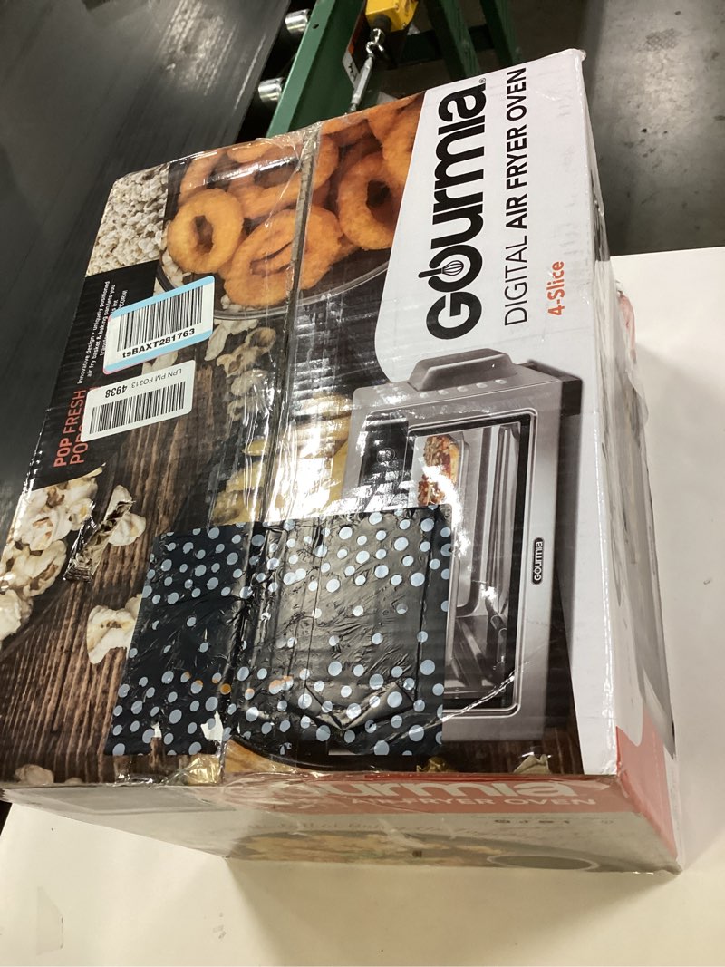 Condition photo showing New/Like New for gourmia toaster oven digital air fryer - convection mode with 4 slice capacity, 3 rack positions, 12 presets, toast, bagel, bake, roast, broil, dehydrate, popcorn, fits 9" pizza, stainless steel large silver