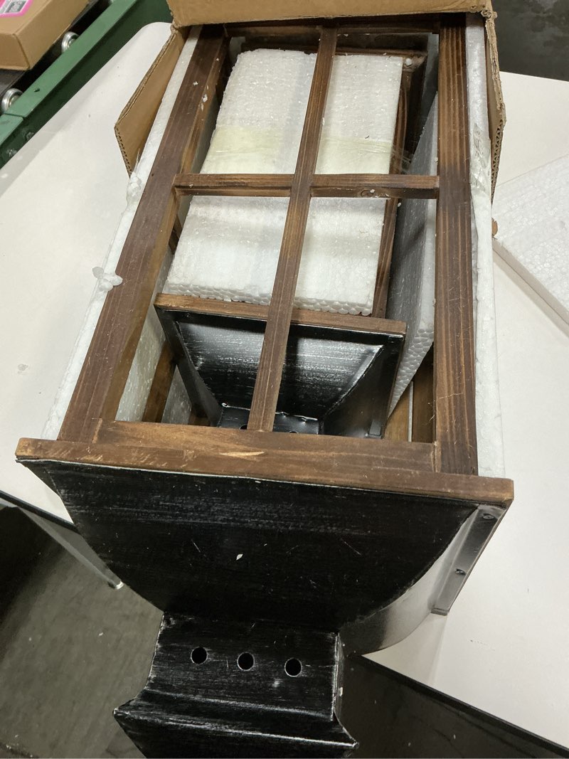 Condition photo showing Good Condition for Large Farmhouse Decorative Wooden Lanterns Set of 2, Rustic Burnt Wood Floor Lanterns, Indoor/Outdoor Hurricane Lanterns for Home Decor (No Glass) Burntwood Brown