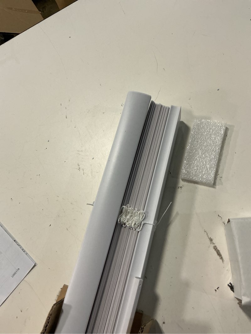 Condition photo showing As Is for 1" cordless mini blinds 45" w x 48" h, white vinyl blinds, horizontal light filtering blinds, window blinds for indoor windows, office, kitchen, bathroom and living room. 45"w x 48"h