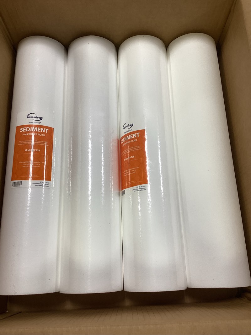 Condition photo showing New/Like New for iSpring FP25BX4 High Capacity 20” x 4.5” Water Replacement Cartridge Fine Sediment Filter, 4 pieces / 5 microns, White, 4 Count 5-Micron Sediment Filter 4-Pack Water Filter