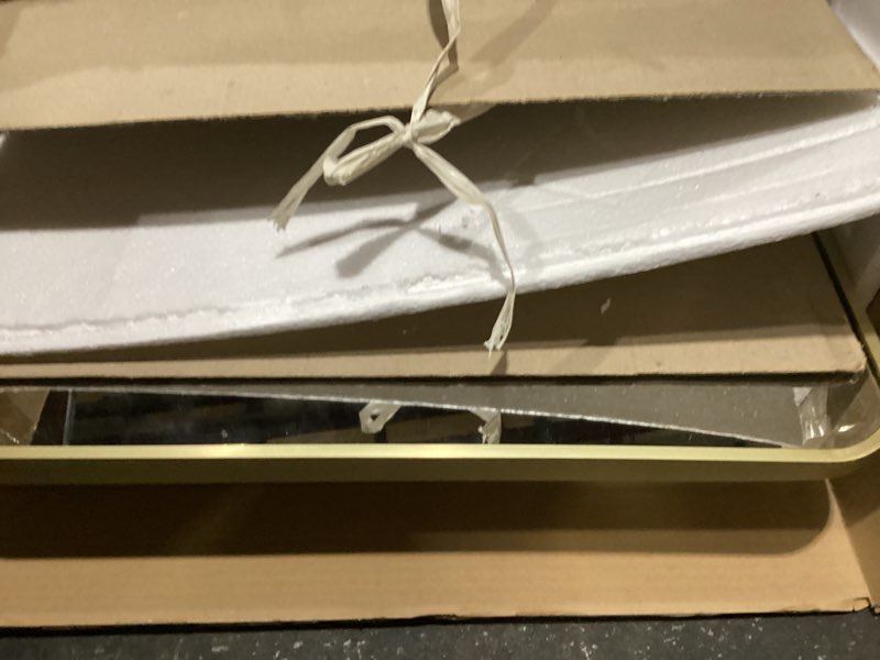 Condition photo showing Good Condition for WallBeyond Bathroom Medicine Cabinet with Mirror, 24x36 Inch Gold Recessed Medicine Cabinet with Round Corner Aluminum Alloy Metal Framed, Single Door Modern Mirror Cabinet with Storage 24x36in Gold