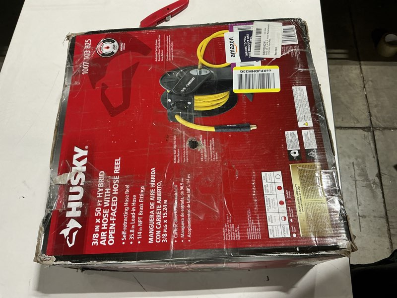 Condition photo showing As Is for husky 3/8 in. x 50 ft. open face hybrid hose reel with hose 