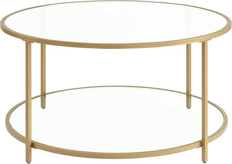 VASAGLE Round Side Table, Small Coffee Table, 2-Tier Tempered Glass End Table with Steel Frame, Bedside Table, with Open Storage Shelf, Modern Style, for Living Room, Bedroom, Gold