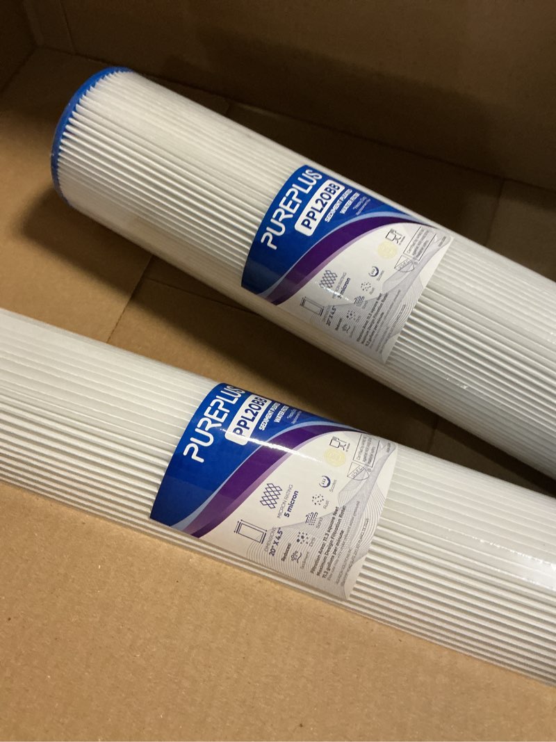 Condition photo showing Good Condition for pureplus 5 micron 10" x 4.5" whole house pleated sediment filter for well water, replacement cartridge for ge fxhsc, culligan r50-bbsa, pentek r50-bb, dupont wfhdc3001, w50pehd, gxwh40l, 2pack 2 count (pack of 1)