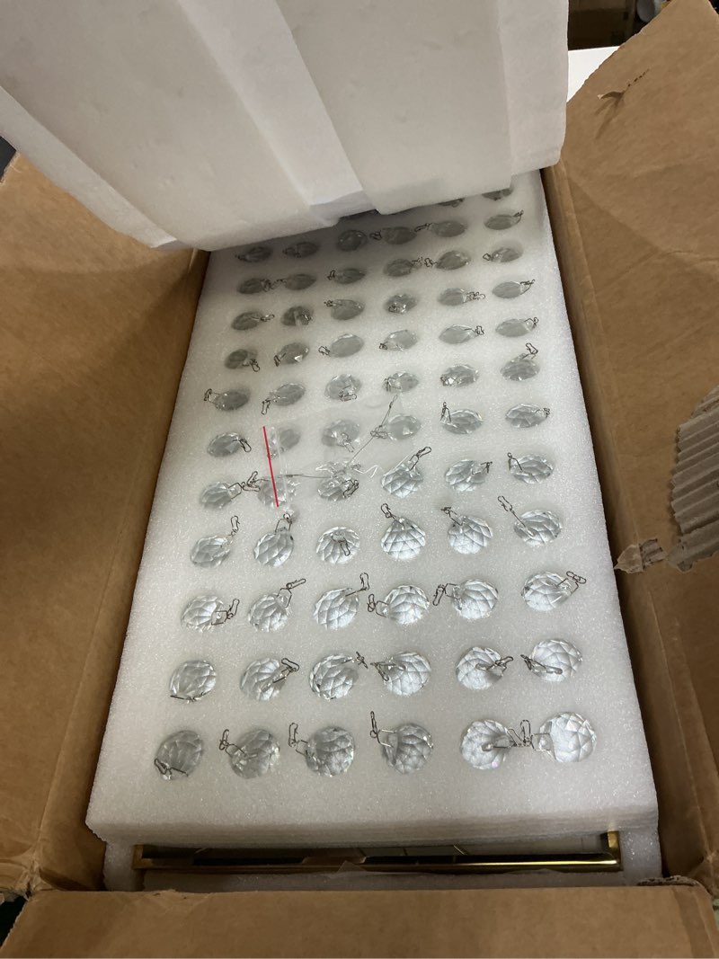 Condition photo showing As Is for Siljoy Modern Crystal Chandelier 8 Lights Rectangular Gold K9 Crystal Raindrop Chandelier Flush Mount Pendant Ceiling Light Fixture for Dining Room Living Room Kitchen Island Bar 40 Inch Flush Mount Style L40''(8-Lights)