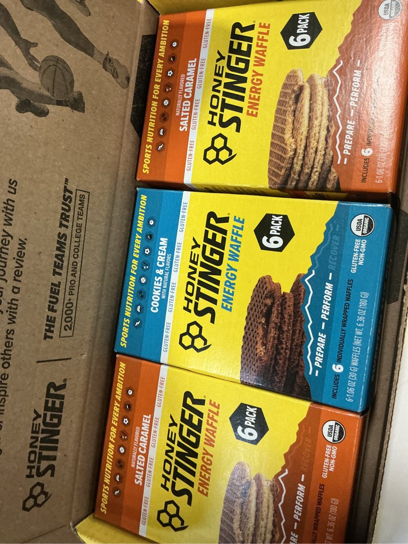 Condition photo showing Good Condition for Best by may/25/2026 Honey Stinger Organic & Gluten Free Energy Waffle Variety Pack, 12 Salted Caramel and 6 Cookies & Cream Waffles, Nutritious Stroopwafel Snack for Exercise, Endurance and Performance Gluten Free Waffle Variety Pack 18 Count