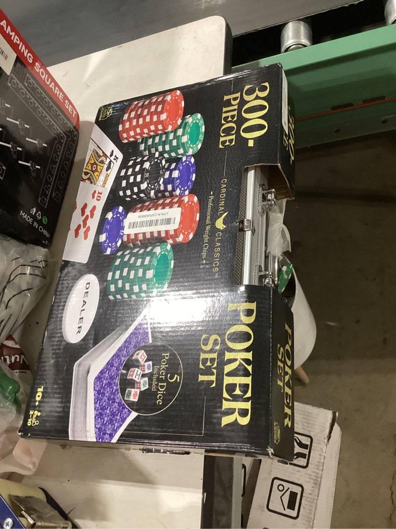 Condition photo showing New/Like New for spin master games, cardinal classics, 300-piece poker set with aluminum carrying case & professional weight chips & poker dice, for ages 8+