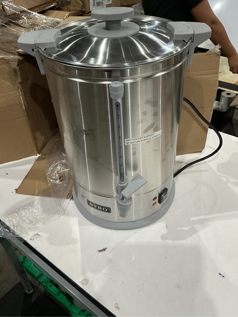 Condition photo showing As Is for sybo sr-cp-50b commercial grade stainless steel percolate coffee maker hot water urn for catering, 50-cup 8 l, grey 8l