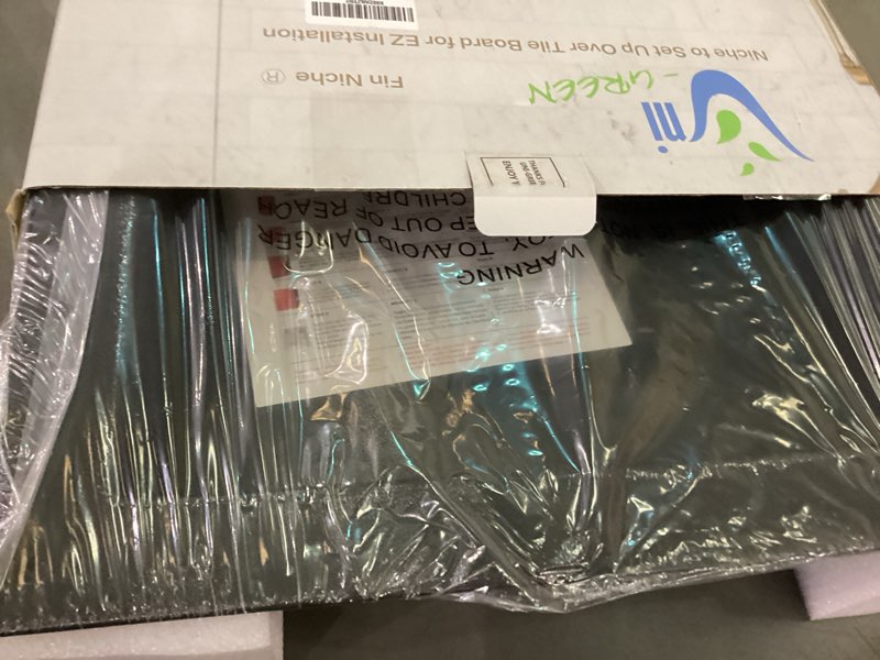 Condition photo showing As Is for Uni-Green Ready Tile Shower Niche Shelf 17"x17"?Inside 14"x14"? With Texture - Single Shelf Shower Shelf Insert for Bathroom Niche Storage, Water and Leak Proof Wall Niche Insert